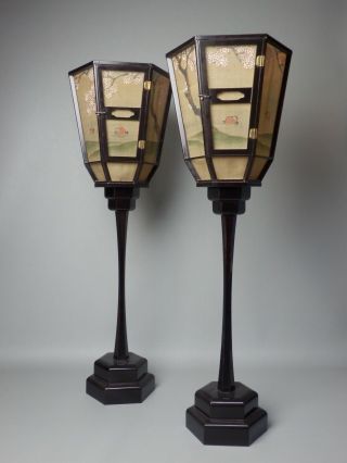 Japanese Antique Meiji Pair Wood Lantern Lamp Room Light Hina Doll Chochin