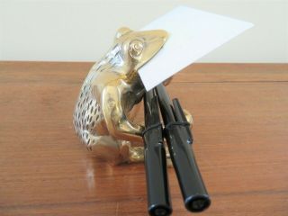 Vintage Bronze Metal Frog Toad Paperweight Business Card Holder Pen Holder
