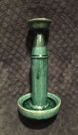 Antique Chinese Late Qing Shiwan Green Glazed Pottery Candle Holder C.  1900