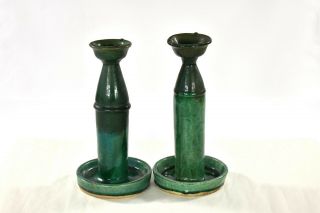 Two Antique Chinese Green Ceramic / Pottery Oil Lamp / Candle Holder