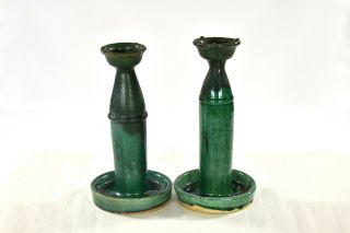 Two Antique Chinese Green Ceramic / Pottery Oil Lamp / Candle Holder 2