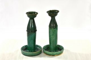 Two Antique Chinese Green Ceramic / Pottery Oil Lamp / Candle Holder 3
