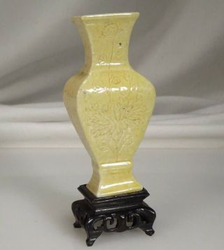 Chinese Porcelain Yellow Glaze Miniature Vase w Wood Stand 3