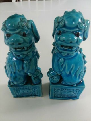 Chinese Foo Dogs Turquoise Blue Ceramic 5 3/4 " Pair