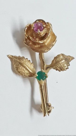 Vintage 14k Yellow Gold Ruby Emerald Gemstone Rose Flower Ladies Pin Brooch 3.  2g