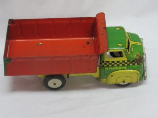 Vintage Wyandotte Pressed Steel Toy Dump Truck Checkered Neon Green Yellow 3