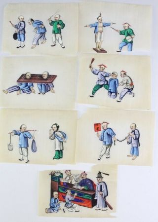 Rare Antique 19th Century Chinese School Punishment 7 Figural Art Paintings Set