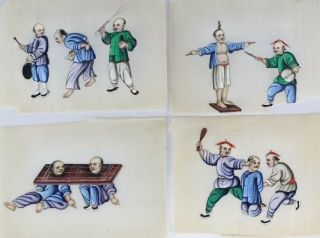 Rare Antique 19th Century Chinese School Punishment 7 Figural Art Paintings SET 2