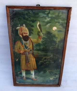 Vintage Old Collectible Rare Sikh God Guru Gobind Shaib Ji Litho Print Framed