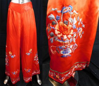 Vintage Antique Chinese Red Silk Embroidered Peony Vase Pajama Palazzo Pants