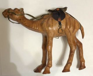 Vintage Wooden Camel Figurine Wooden Hand Carved Leather Saddle 2