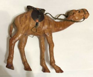 Vintage Wooden Camel Figurine Wooden Hand Carved Leather Saddle 3