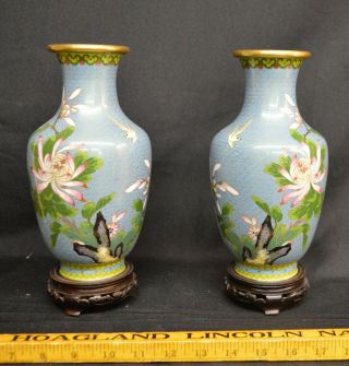 Vintage Chinese Cloisonne Enamel Vases Flower With Stands