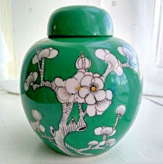 Late Qing / Early Republic Chinese Green Glaze Porcelain Prunus Jar & Lid 15 Cm