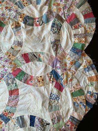 Vintage Double Wedding Ring Quilt Top Only Feed Sack Cotton Fabric 88 X 84