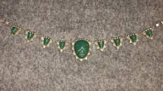 Vintage Sterling Silver & Carved Green Onyx Face 1940s Taxco Necklace $200 Value