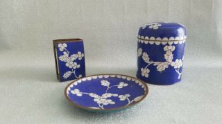 Three Piece Cloisonne Cigarette Set With Round Box Ashtray And Match Box Holder