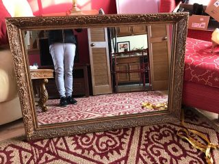Large Vintage Ornate Gold Wood Frame Heavy Mirror Gilt 29” X 41”