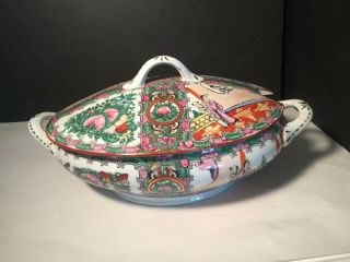 Antique Chinese Rose Medallion Canton Hand Painted Covered Soup Tureen Hong Kong