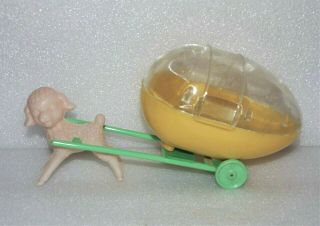 Vintage Hard Plastic Sheep Baby Lamb Pulling Large Egg Easter Candy Container 2
