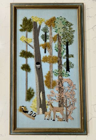 Vintage Large Framed Forest Woodland Nursery Mid Century Crewel Yarn Fabric Art