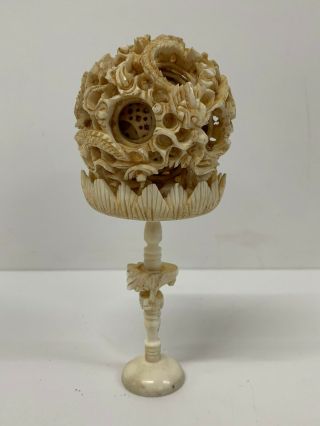 Antique 19th Century Chinese Carved Natural Puzzle Ball Sculpture On Stand