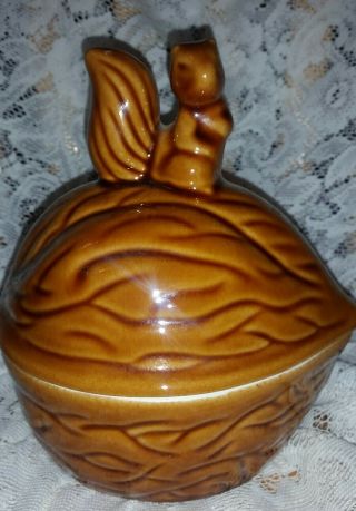 Vintage Ceramic Squirrel Walnut Candy Dish Nut Bowl Lid Brown China