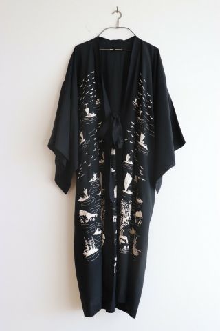 Antique 1920s Silk Embroidered Black White Kimono Robe Japanese Chinese