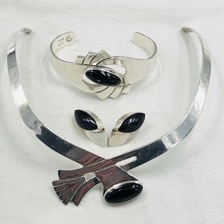 Vtg Taxco Mexico Sterling Onyx Collar Necklace Cuff Bracelet Earrings Set 115 Gr