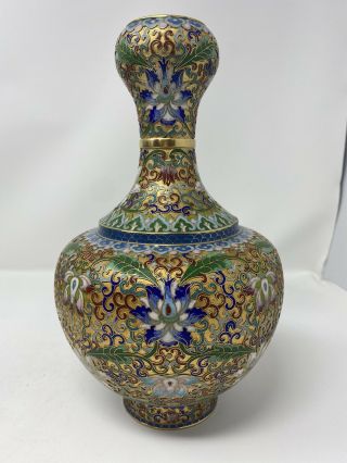 Vintage/antique Asian Chinese Enamel Large Cloisonné Flower Vase 10.  25 "