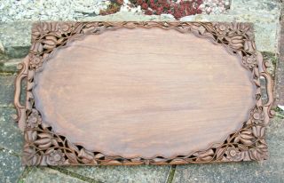 Large Vintage Anglo/indian Hand Carved Wooden Tray