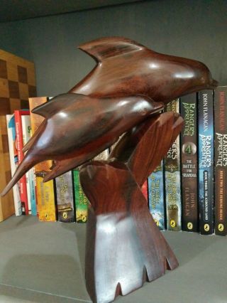 Unique Hand Carved Wood Wooden Ironwood Double Dolphin Figurine On Whales Tail
