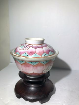 Fine Antique Chinese Famille Rose Pink Lotus Porcelain Cup W/ Lid Marked