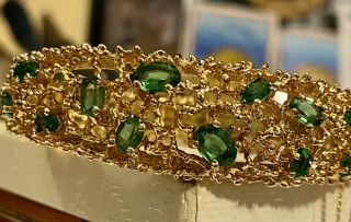 Vtg Signed Panetta Bracelet Faux Emerald Glass Rhinestones Gold Tone Modernist