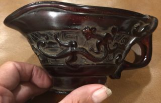 Antique Chinese Cherry Red Amber Cup Dragons Carved