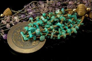 Vintage Chinese Multistrand Amethyst Beads Turquoise Coin Necklace D113 - 18