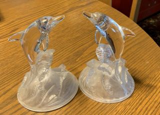 Pair Lead Crystal Dolphins In Waves Figurine Cristal D’arques France