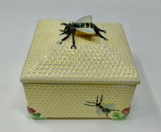 Vintage English Honeycomb Honey Server Square Box W/ Lid Bee Finial Crown Devon