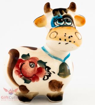 Happy Cow Cartoon Russian Collectible Gzhel Style Colorful Porcelain Figurine