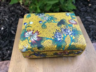 Chinese Cloisonne Enamel Box On Yellow Ground Very Fine Floral Antique Bronze