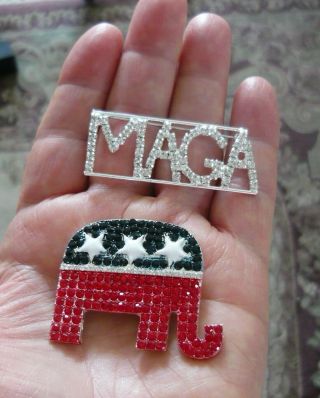2 Great Trump Pins,  Trump " Maga " Pin And Gop Elephant Pin,  Sparkling Rhinestones