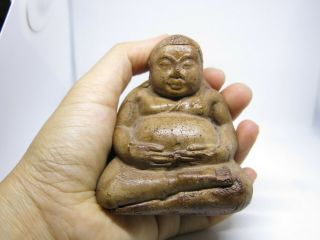 Wood Buddha Happy Statue Laughing Clay Figurine Feng Shui Vintage Chinese Brown