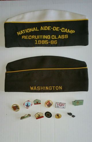 2 Veteran ' s Hats size 7 1/8 WASHINGTON STATE VFW 1428,  11 Vet pins vintage 2