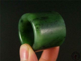 Fine Old Chinese Spinach Green Jade Carved Thumb Ring