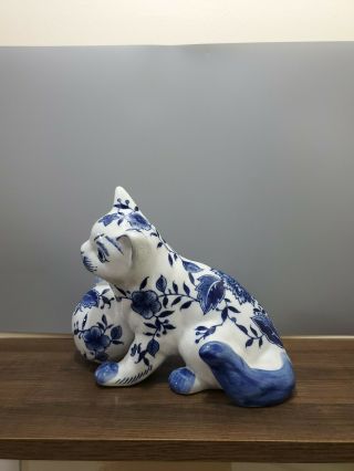 Cobalt Blue And White Porcelain Cat Play Ball Floral Motif 10  L 7.  5  T
