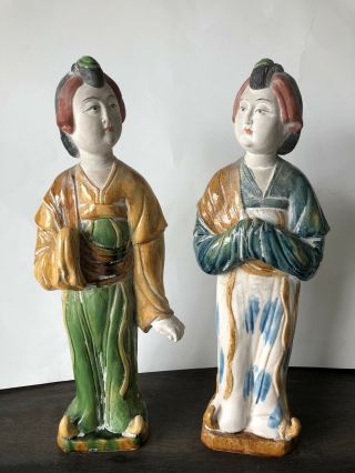 Vintage Oriental Statue Set Of 2 Ladies Asian Large Figurine 16 Inches Tall