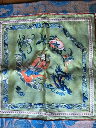 Antique Silk Embroidered Chinese Panel Green 16 Inch Square