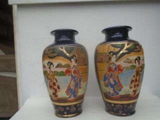 Splendid Large 10 " Japanese Satsuma Vases With Geisha Girls & Landscapes