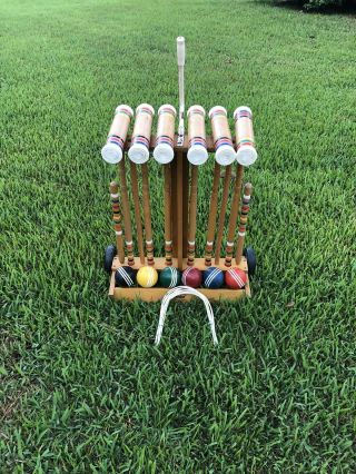 Vintage Forster 6 Player Croquet Set With Wheeled Storage Rack