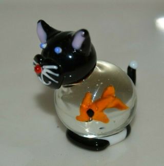 Cy Black Cat With Fish In Stomach Belly Funny Art Glass Figurine Htf